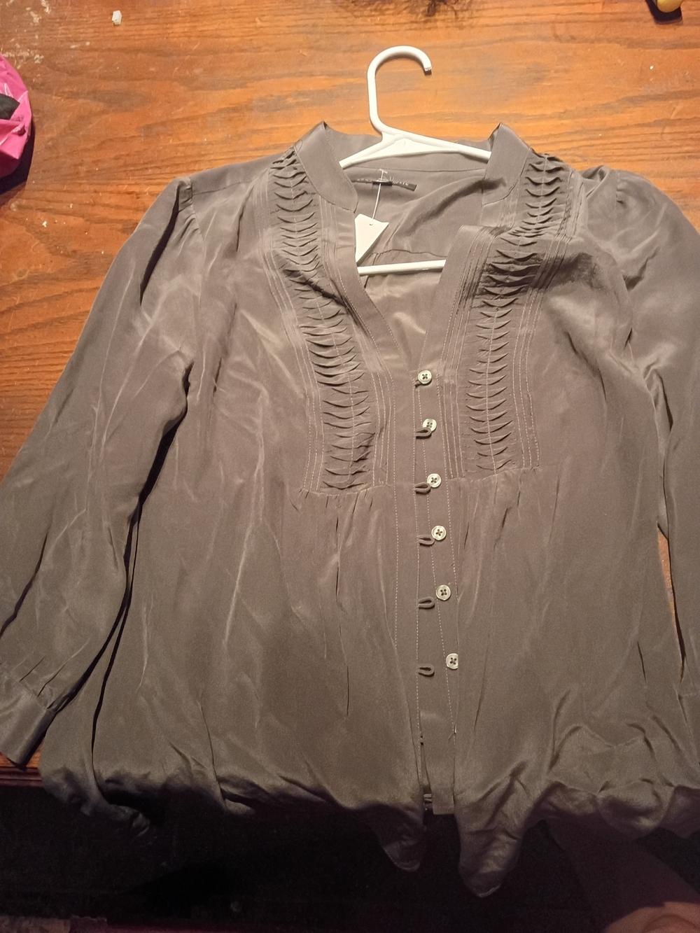 Banana Republic Gray Pintuck Button-Front Silk Blouse